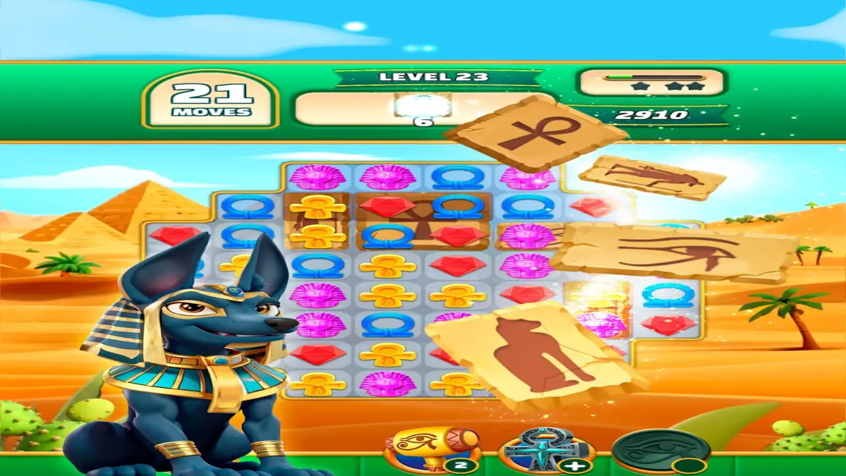 Tabuleiro de combinar-3 de Gods & Gems com joias coloridas