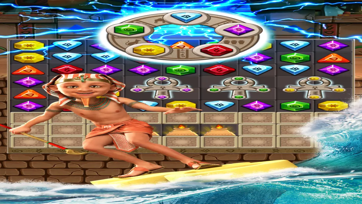 Tabuleiro de Jewel Ancient 2 com anéis colecionáveis e personagem egípcio