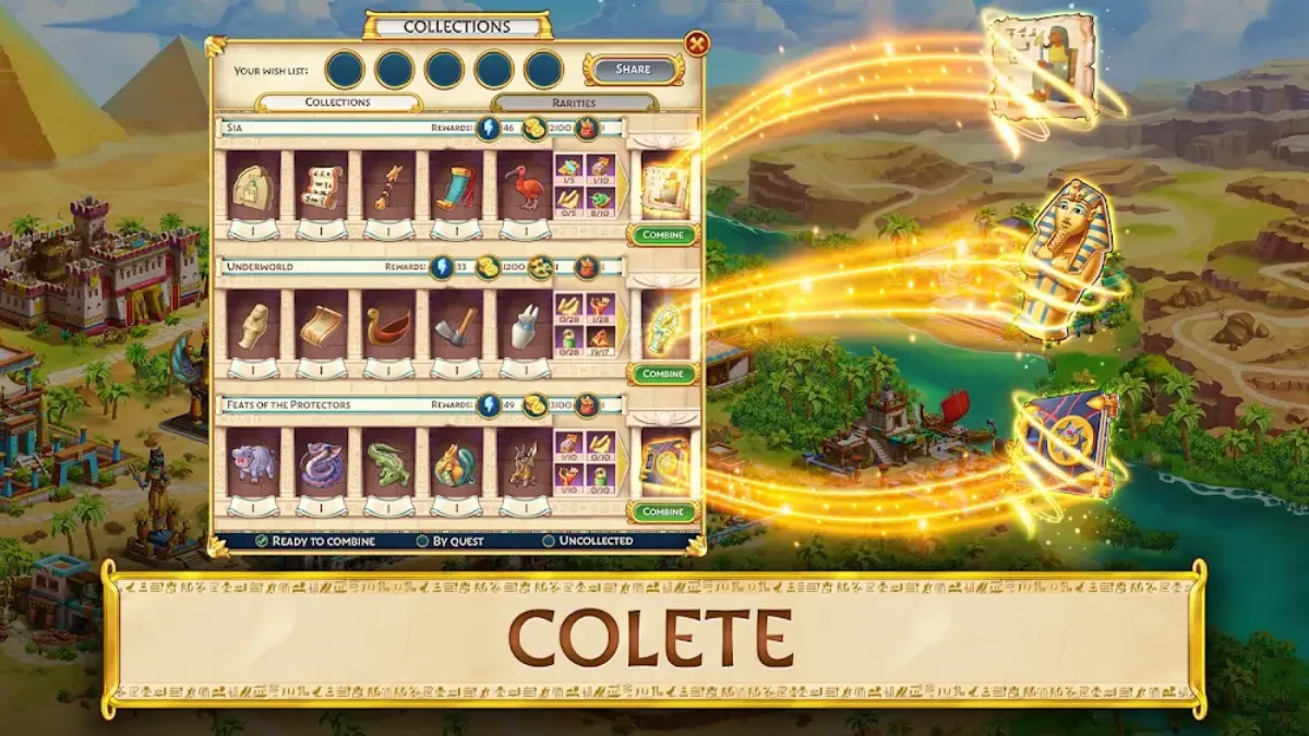 Ecrã de coleções de Jewels of Egypt com recompensas por conjunto